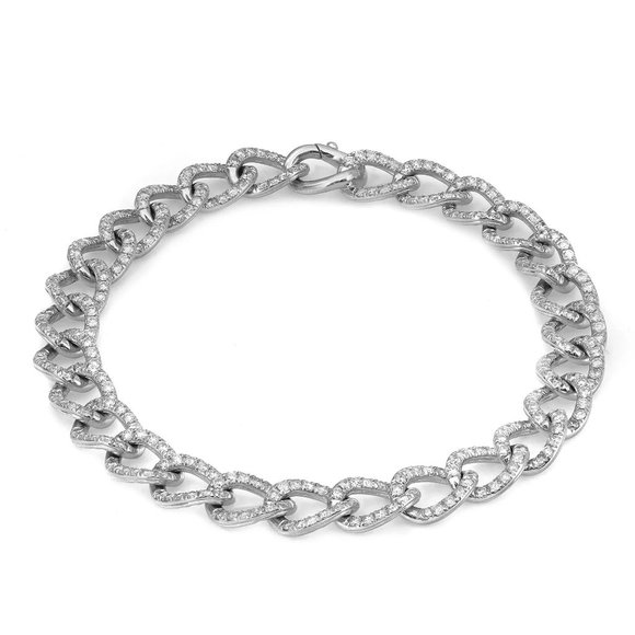 Round Cut Diamond Cuban Link Chain Bracelet 14K White Gold 7 Inches - Picture 2 of 5